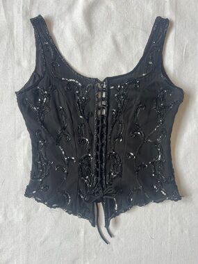 💯SILK black corset top/bustier sequins beads Italy sz6 adjustable lace-up front